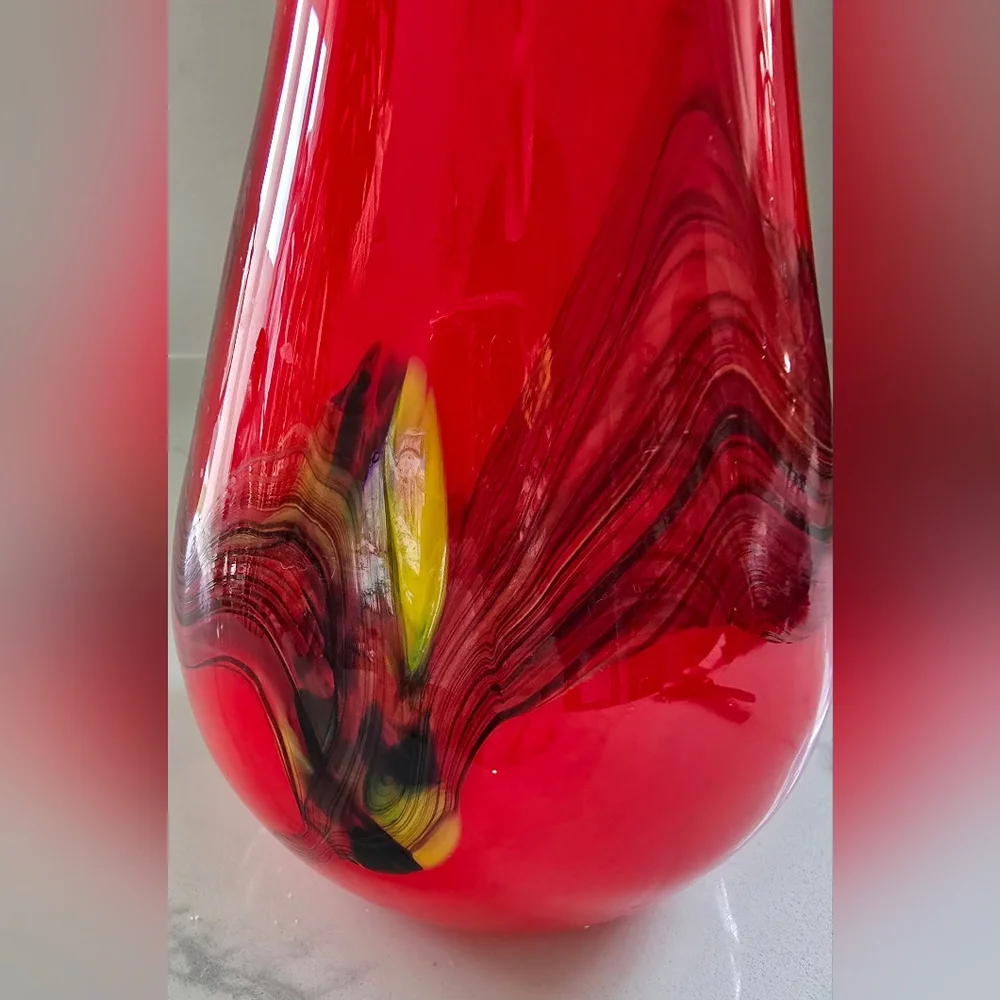 Vintage Hand Blown Red w/ Blue Yellow White Streaks Art Glass Vase 14.5 In. ‎ #2